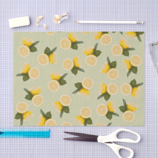 Gelbe Zitrusfrucht-Zitronen-Frucht auf blassem Seidenpapier (Handwerk)