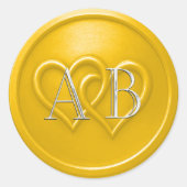 Gelbe Zwei-Herzen-Silber-Monogramm-Hochzeit Runder Aufkleber (Vorderseite)