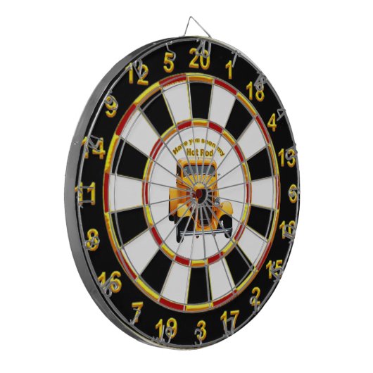 Gelber alter Roadster mit goldschwarzer Forelle Dartscheibe (Vorderseite Links)