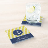 Gelber Anker-Individuelle Name Glasuntersetzer (Schrägansicht)