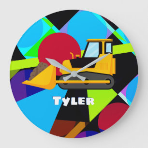 Gelber Bulldozer, geometrische Formen Kindername Große Wanduhr