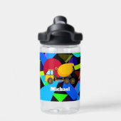 Gelber Cemet Truck, farbenfrohe geometrische Forme Trinkflasche (Rückseite)