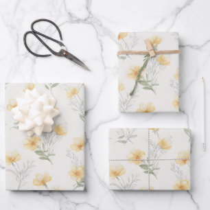 Gelber Cottagecore-Wildblumen-Botanikdruck Geschenkpapier Set