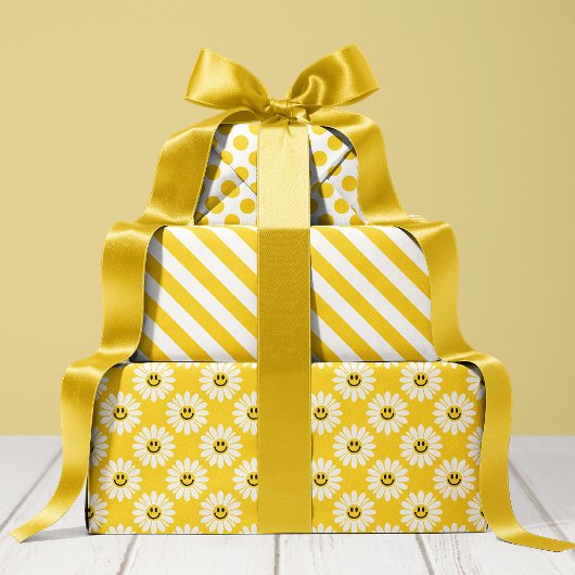 Gelber Daisy Streifen und Polka Dot Geschenkpapier Set
