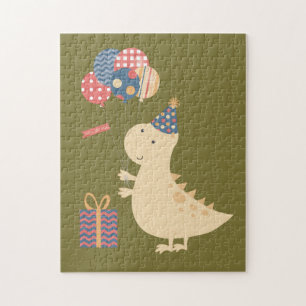 Gelber Dinosaurier mit Luftballons, Hut und Gesche Puzzle