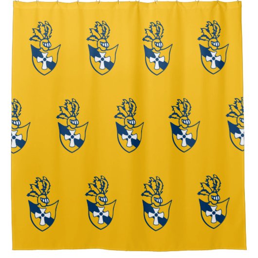 Gelber Duschvorhang mit Wappen-Muster (Vorderseite)