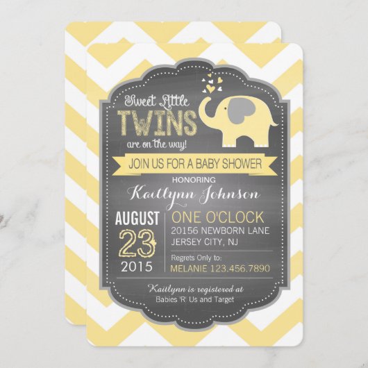 Gelber Elefant und Zickzack Babydusche Einladung (Vorne/Hinten)