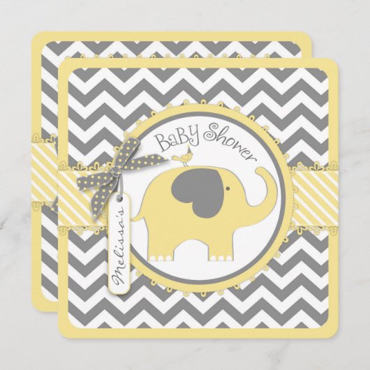 Gelber Elefant und Zickzack Print Baby Dusche Einladung (Vorne/Hinten)