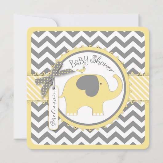 Gelber Elefant und Zickzack Print Baby Dusche Einladung (Vorderseite)