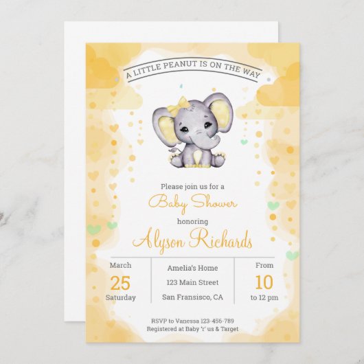Gelber Elefant Watercolor Kinderdusche Einladung (Vorne/Hinten)
