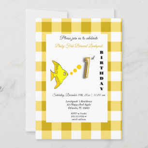Gelber Fisch & Gingham Goldener Luftballon 1. Gebu Einladung