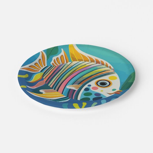 Gelber Fisch im Riff Pappteller (Schrägansicht)