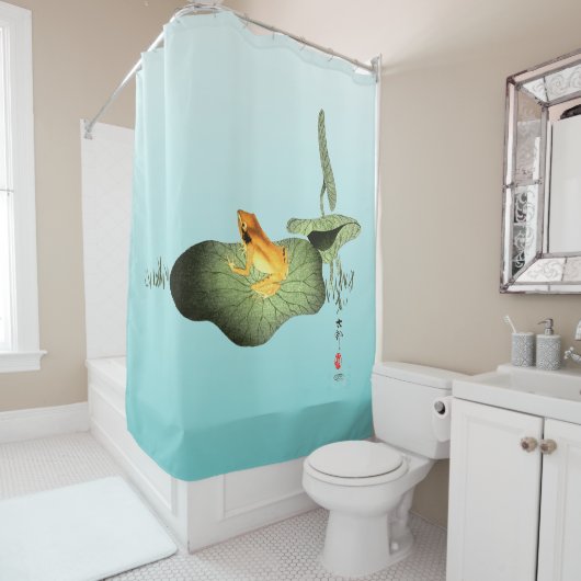 Gelber Frosch auf Lotus Leaf Duschvorhang (Beispiel)