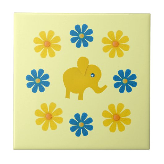 Gelber Frühlingelefant, gelb, blaue Blumen Fliese (Vorderseite)