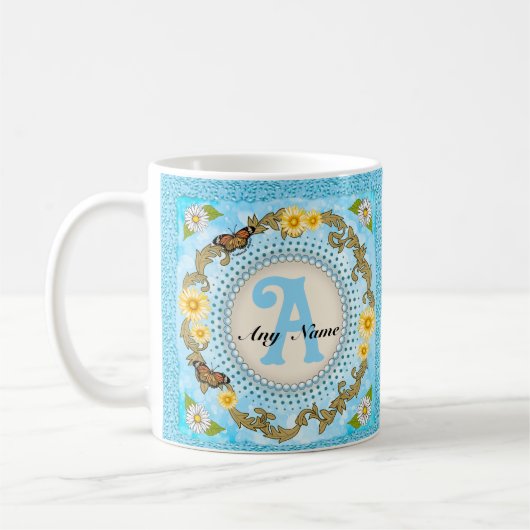 Gelber Gänseblümchen-Monogramm-Becher Kaffeetasse (Links)