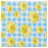 Gelber Gänseblümchen-Türkis-Weiß-Gingham Stoff (Nahaufnahme)