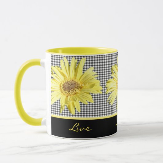 Gelber Gerbera und Schwarzes Live, Liebe, Tasse (Links)