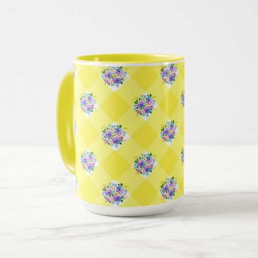 Gelber Gingham und Lila blauer Blumenland Tasse (Vorderseite Links)