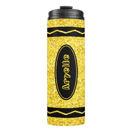 Gelber Glitzer Crayon Individuelle Name Getränk Thermosbecher (Vorderseite)