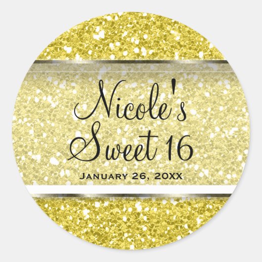 Gelber Glitzer Glam Sweet 16 Custom Gastgeschenk Runder Aufkleber (Vorderseite)