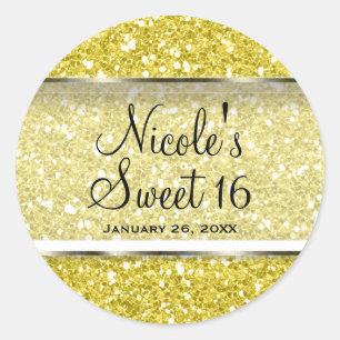 Gelber Glitzer Glam Sweet 16 Custom Gastgeschenk Runder Aufkleber