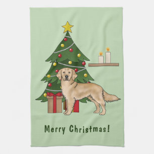 Gelber Golden Retriever Hund mit Weihnachtsbaum Geschirrtuch