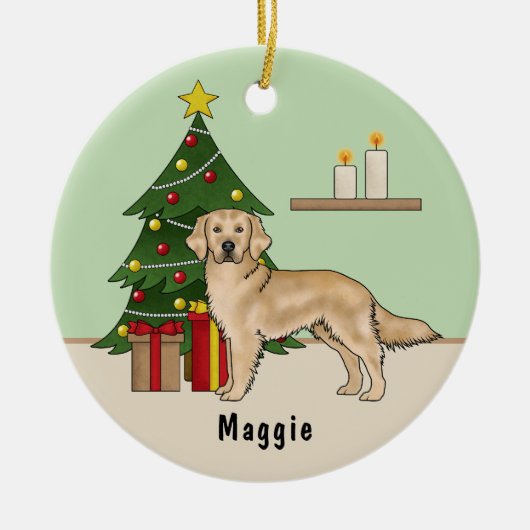 Gelber Golden Retriever Hund mit Weihnachtsbaum Keramik Ornament (Vorne)