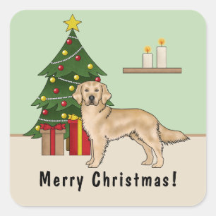 Gelber Golden Retriever Hund mit Weihnachtsbaum Quadratischer Aufkleber