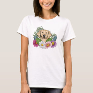 Gelber Golden Retriever Kopf mit farbenfrohen Blum T-Shirt