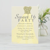 Gelber goldglatter Glitzer Gown Sweet 16 Einladung (Stehend Vorderseite)