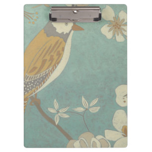 Gelber, grauer und beige Vogel gehockt auf einer Klemmbrett