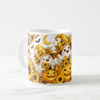 Gelber Halloween-Geister-Kürbisse- und Sonnenblume Kaffeetasse
