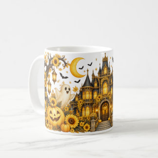 Gelber Halloween Spukhaus- und Sonnenblumen-Becher Kaffeetasse
