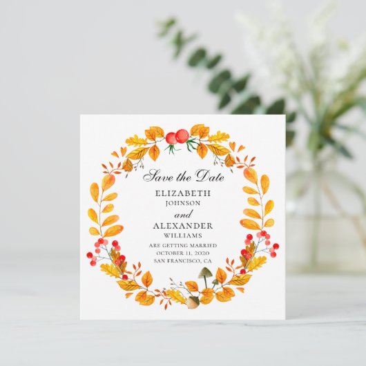 Gelber Herbstkranz. Hochzeit im Herbst Save the Da Einladung (Stehend Vorderseite)