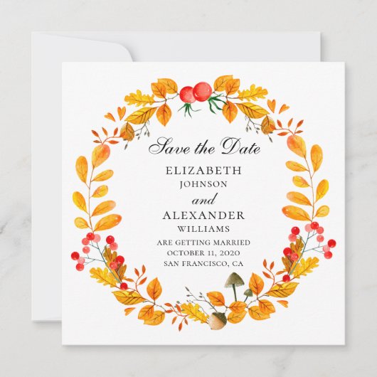 Gelber Herbstkranz. Hochzeit im Herbst Save the Da Einladung (Vorderseite)