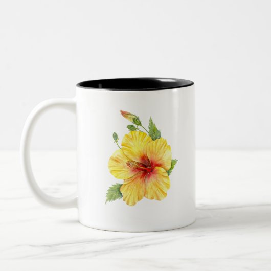 Gelber Hibiskus Botanische Kunst Zweifarbige Tasse (Links)