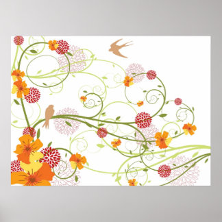 Gelber Hibiskus & Schwalben Eleganter Blumengarten Poster