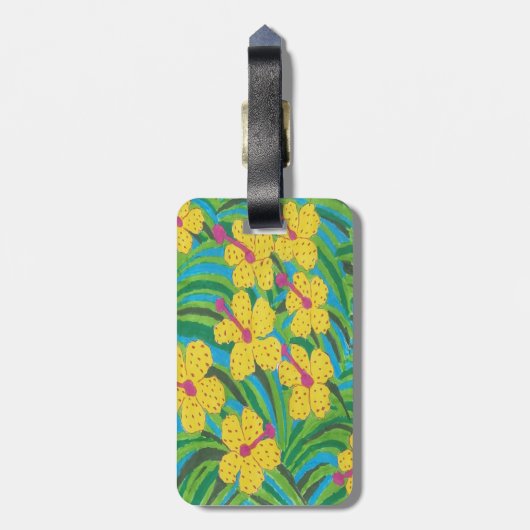 Gelber Hibiskus Tropenschrift Gepäckanhänger (Rückseite vertikal)