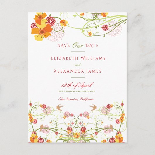 Gelber Hibiskus und Schwalbe Save the Date Postkarte (Vorderseite)