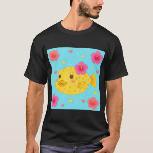 Gelber Kofferfisch und Hibiskus - Blau T-Shirt