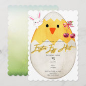 Gelber Kücken Oster-Eier-Suche Hase Kirsch-Schleif Einladung (Vorne/Hinten)