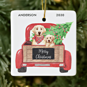 Gelber Lab Welpe Vintage roter LKW Weihnachten Keramikornament