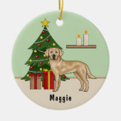 Gelber Labrador Retriever Hund mit Weihnachtsbaum Keramik Ornament (Vorne)