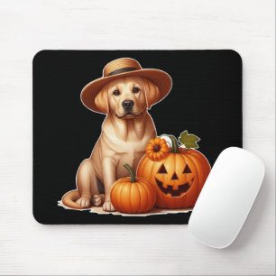 Gelber Labrador-Welpe mit Hut und Kürbissen Mousepad