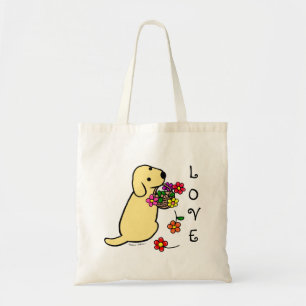 Gelber Labrador-Welpen-Blumen-Korb-Cartoon Tragetasche