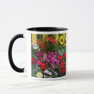 Gelber Lattenzaun mit Blumengarten in Tasse