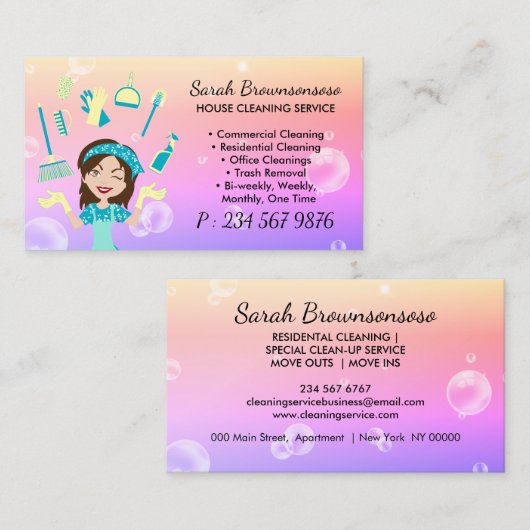 Gelber Lila Cartoon Haushaltshilfe Reinigungsservi Visitenkarte (Vorne/Hinten)