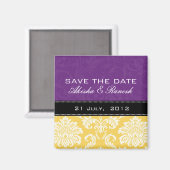 Gelber lila Damast-Save the Date Magnet (Vorderseite/Rückseite)