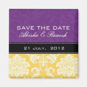 Gelber lila Damast-Save the Date Magnet