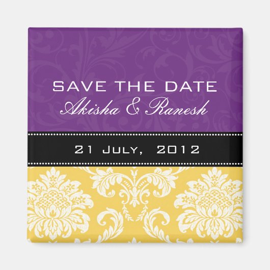 Gelber lila Damast-Save the Date Magnet (Vorne)